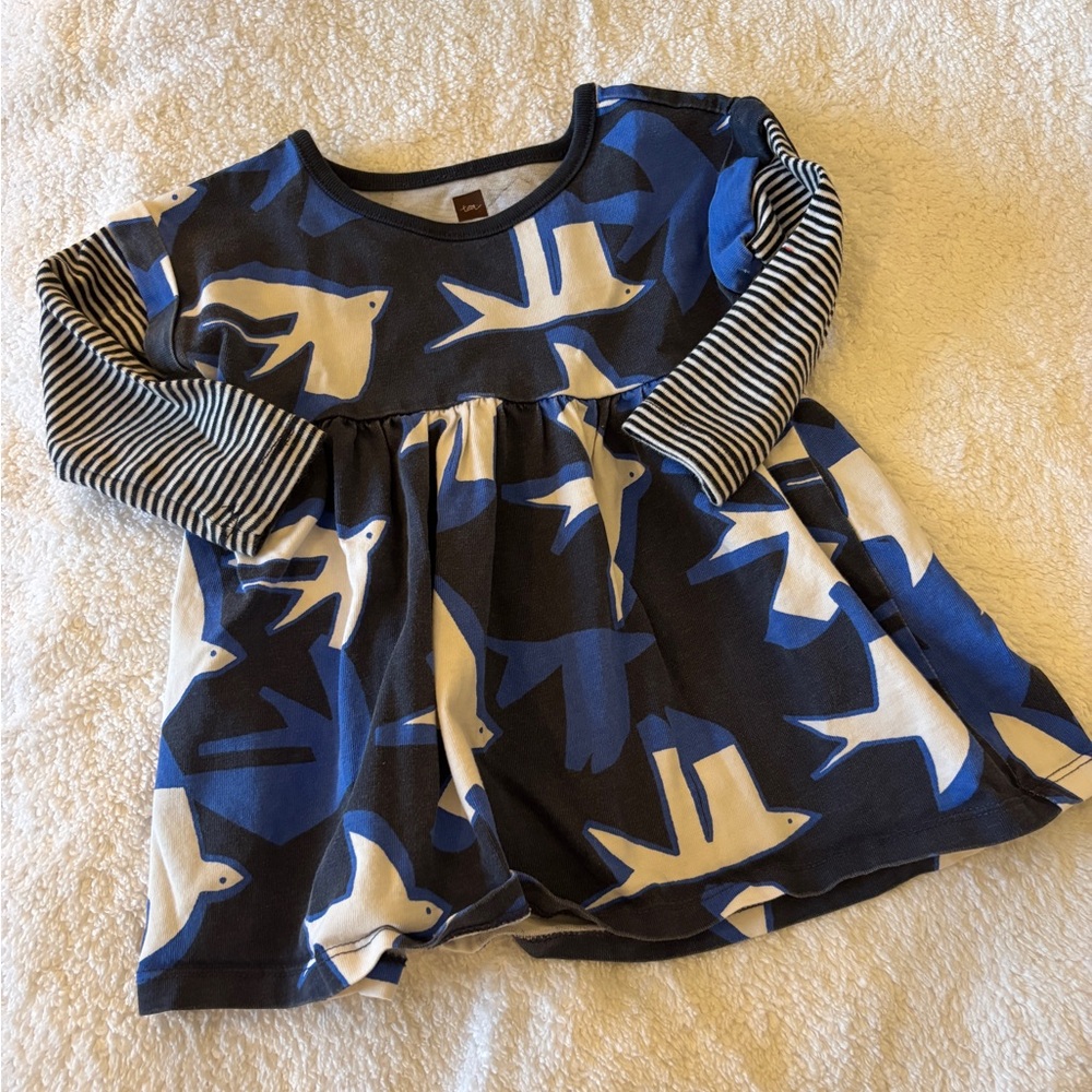 Tea Collection Blue and White Bird Print Kids Dress